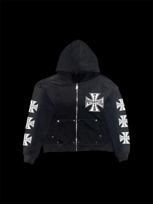 Studded Iron Cross Zip Up Hoodie